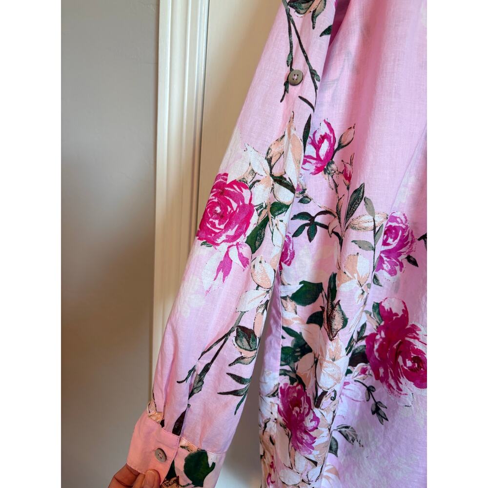 Roaman's Pink Floral Big Shirt Button Up Tunic Lightweight Pintuck Cotton 20w - Picture 6 of 9